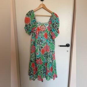 Floral Puff-Sleeve Midi Dress in Green and Coral